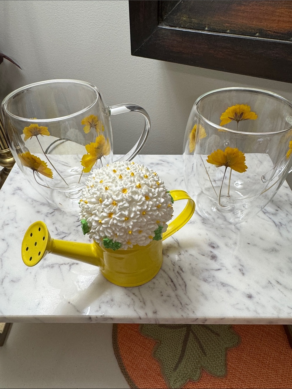 Decorative floral watercan & floral glass mugs